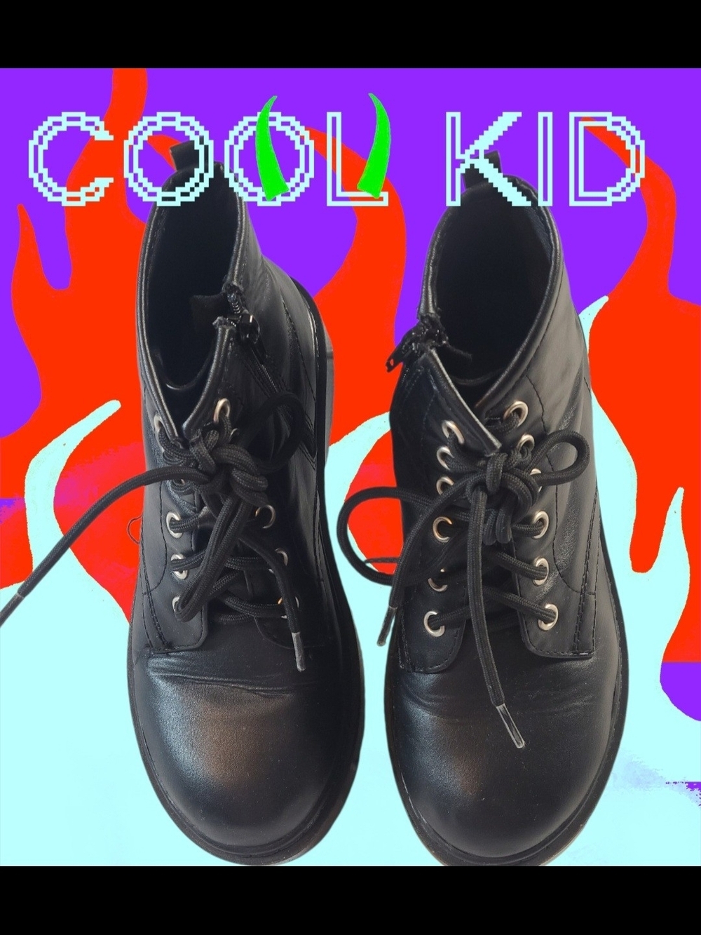 Kids Black Lace-Up Ankle Boots with Side Zipper